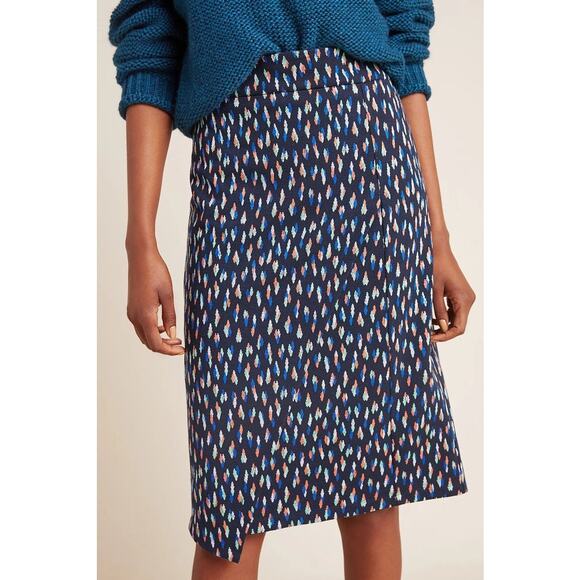 Maeve by Anthropologie Debra Navy Orange Faux Wrap Knit Pencil Skirt Size 8 - Picture 1 of 7